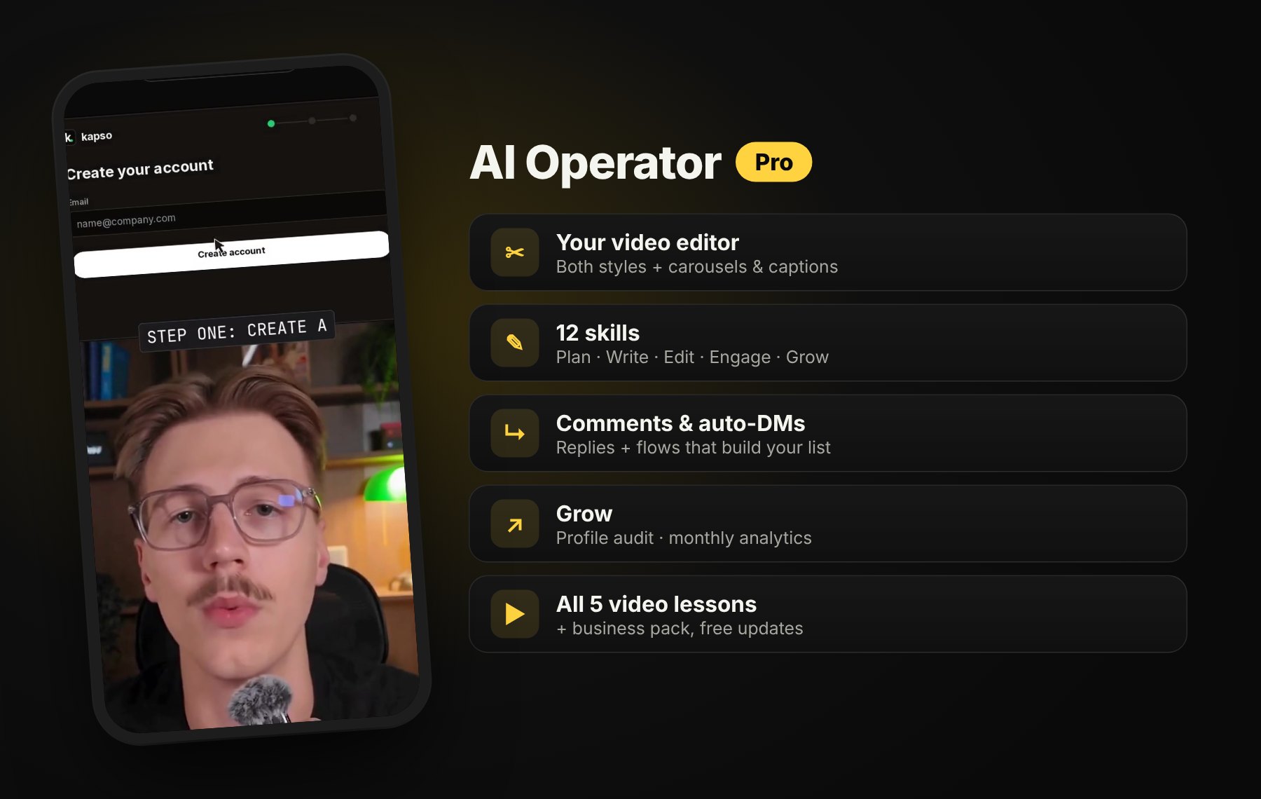 AI Operator Pro: video editor, 12 skills, comments and auto-DMs, growth tools, 5 lessons