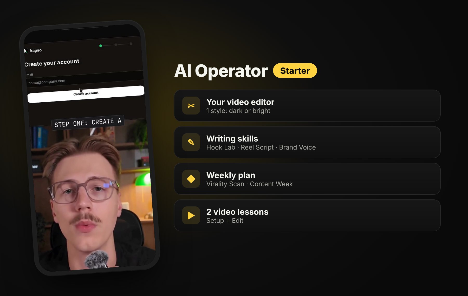 AI Operator Starter: video editor, writing skills, weekly plan, 2 lessons